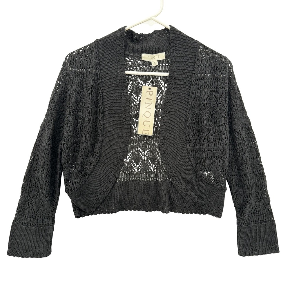 Pinque Sweater Womens Medium Black Open Front Cropped Knit Acrylic‎ Cardigan NWT